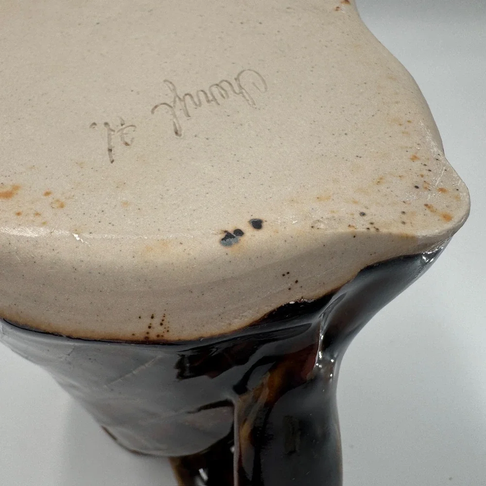 Studio Pottery Spiral Ribbed Pitcher Brown Tan Glossy Glaze Oxblood Red Interior